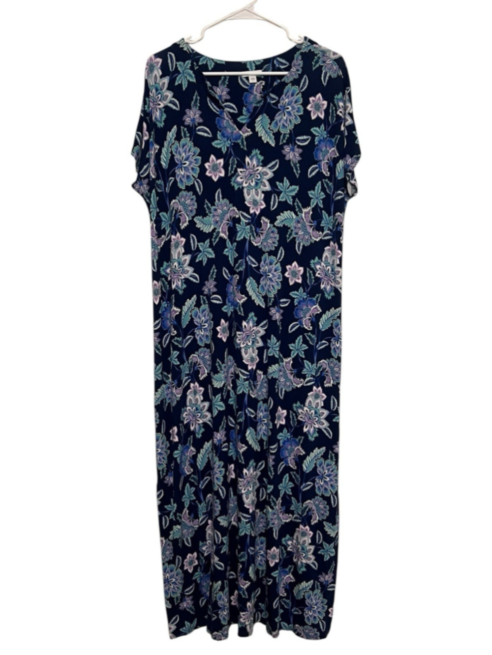 J Jill Floral Maxi Dress Women’s Large Navy Blue Purple Knit Short Sleeve